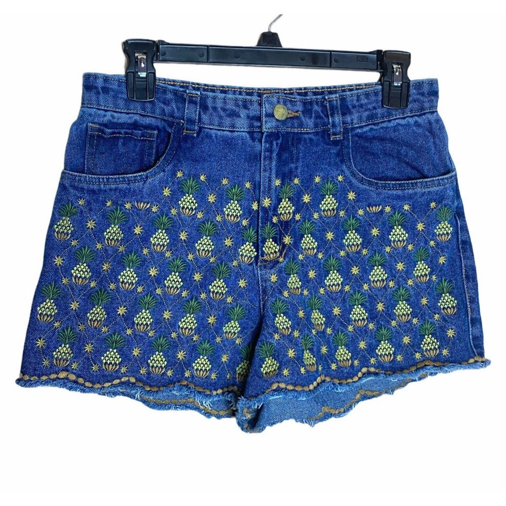 EUC Farm Rio Pineapple Embroidered High-waisted Denim Shorts Size M